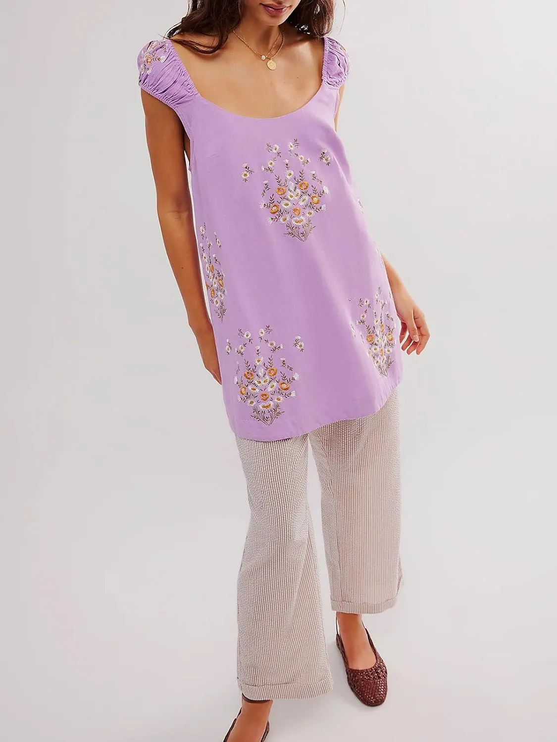 Women Floral Embroidered Linen Short Dress Boho Summer Babydoll Dress Sleeveless Cotton Beach Mini Sundresses