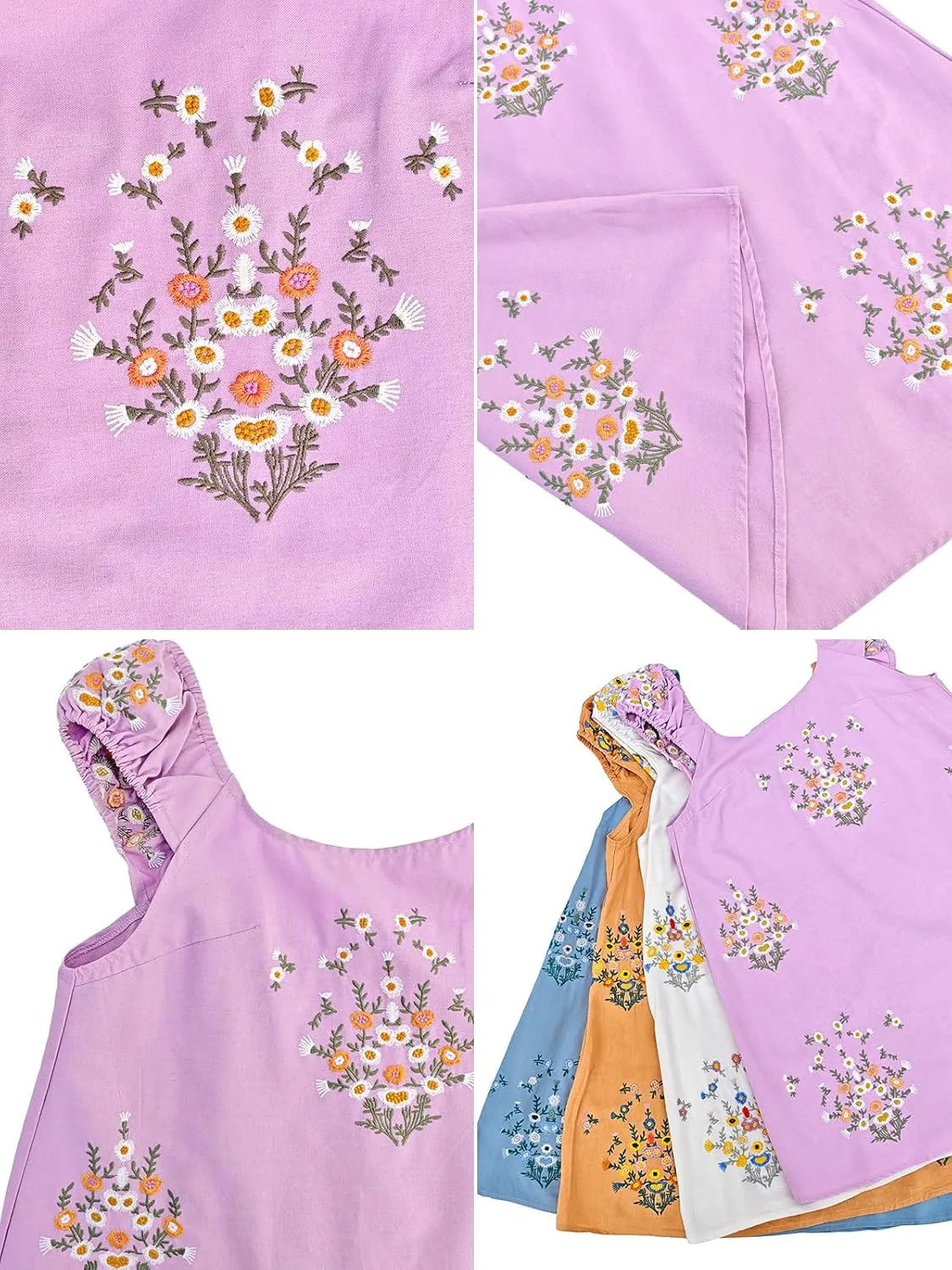 Women Floral Embroidered Linen Short Dress Boho Summer Babydoll Dress Sleeveless Cotton Beach Mini Sundresses