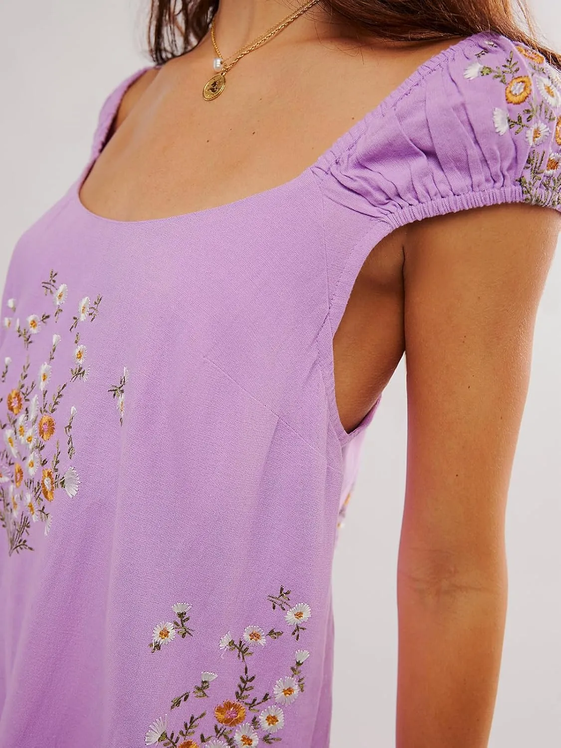 Women Floral Embroidered Linen Short Dress Boho Summer Babydoll Dress Sleeveless Cotton Beach Mini Sundresses