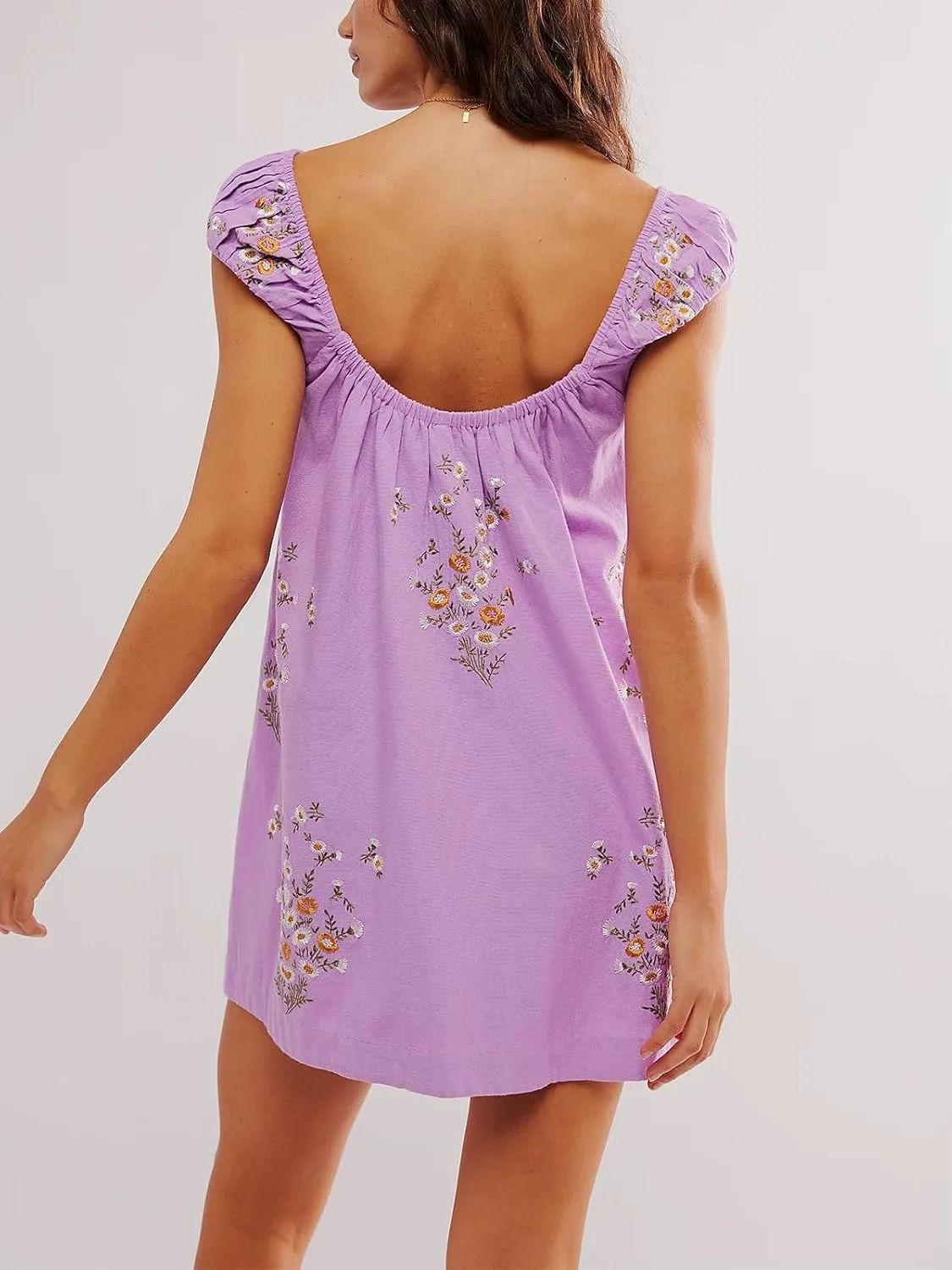 Women Floral Embroidered Linen Short Dress Boho Summer Babydoll Dress Sleeveless Cotton Beach Mini Sundresses