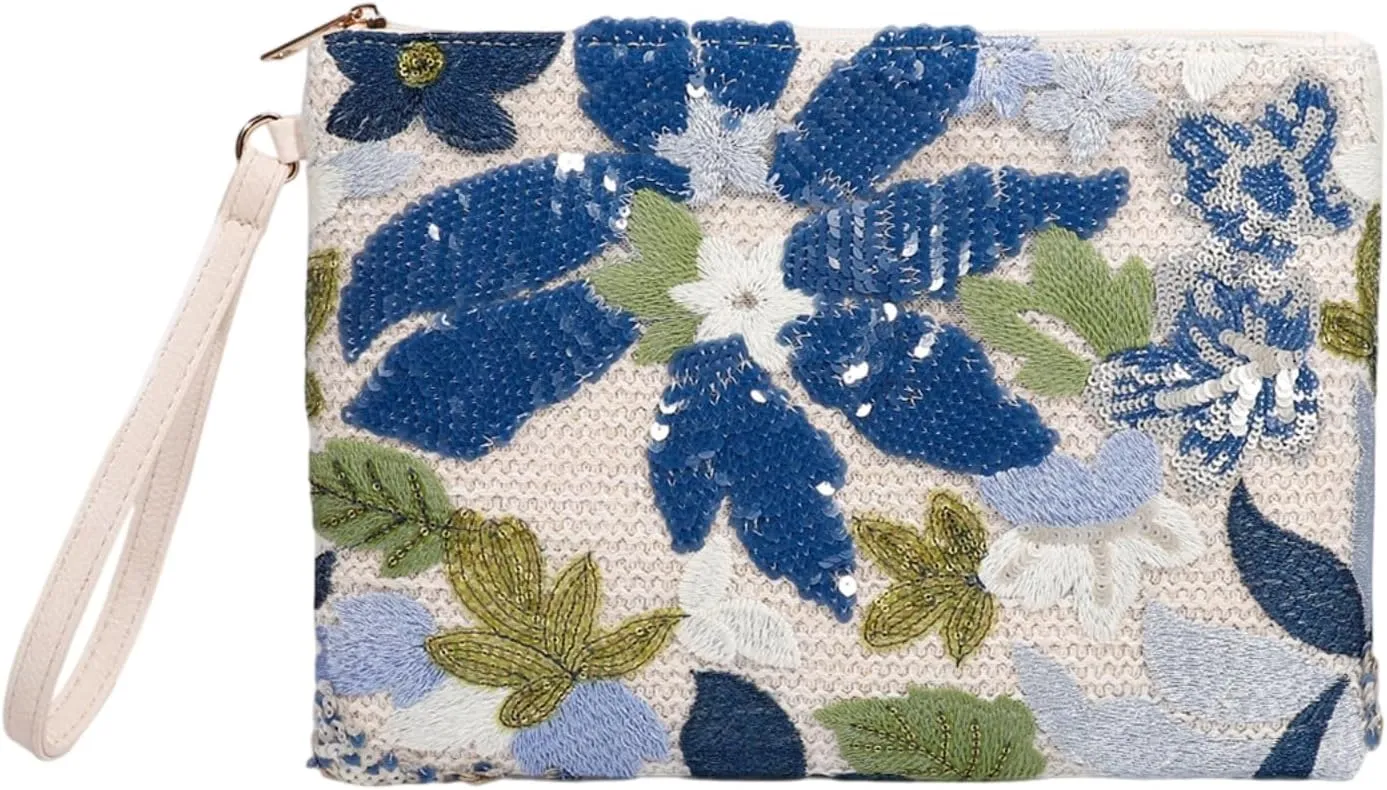 Women Floral Embroidery Beaded Clutch Purses, Woven Wristlet Sequin Summer Purse,Evening Bag for Formal Beach Party Wedding