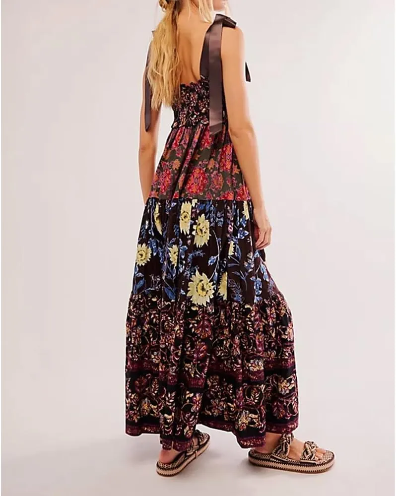 Women Floral Maxi Dress Sleeveless Tie Shoulder Bohemian Flowy Smocked Dresses Casual Summer Sundress with Pockets