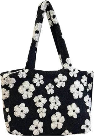 Women Floral Tote Bag 2024 Fall Winter Handbag Cozy Faux Fur Shoulder Bag