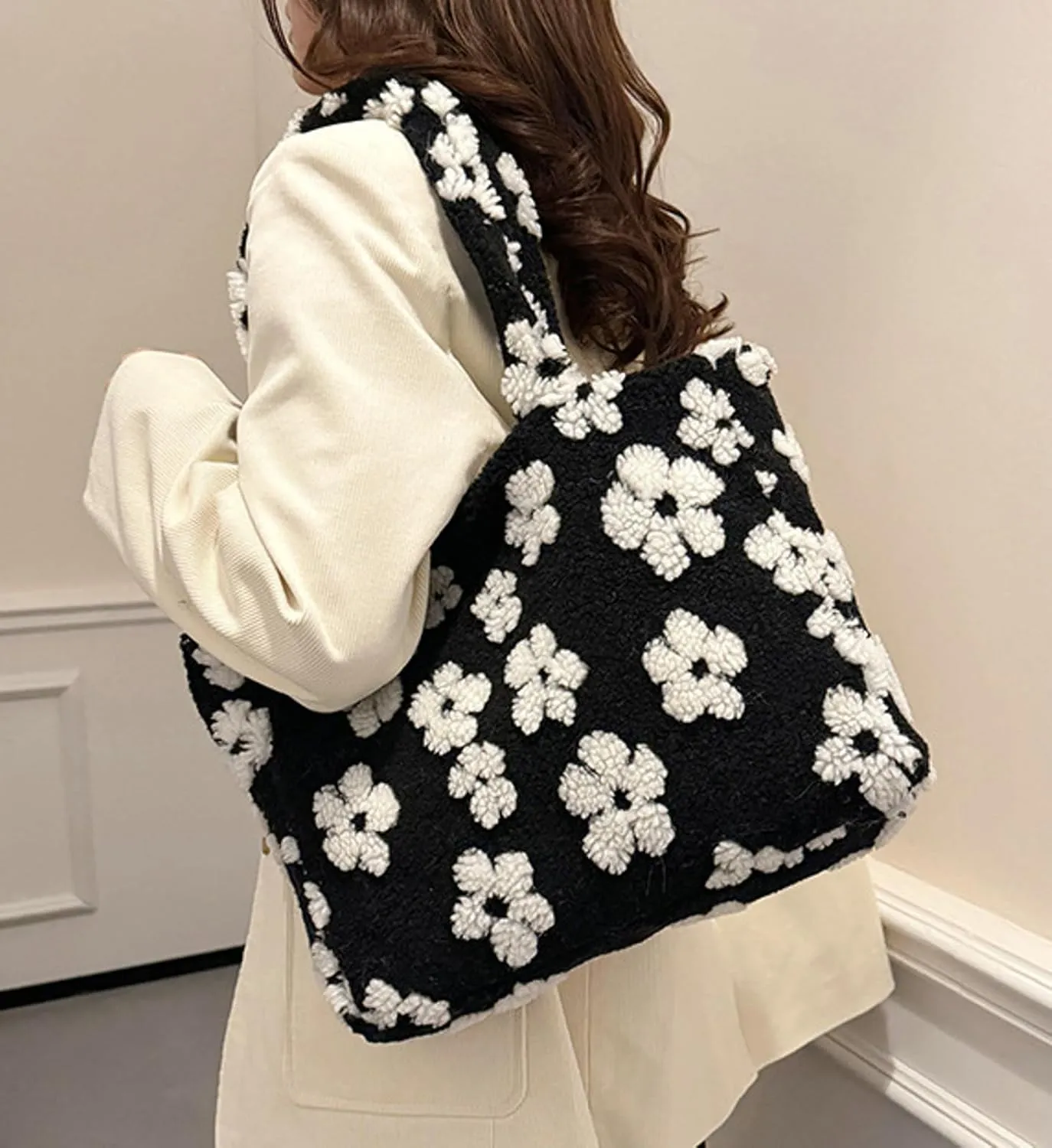 Women Floral Tote Bag 2024 Fall Winter Handbag Cozy Faux Fur Shoulder Bag