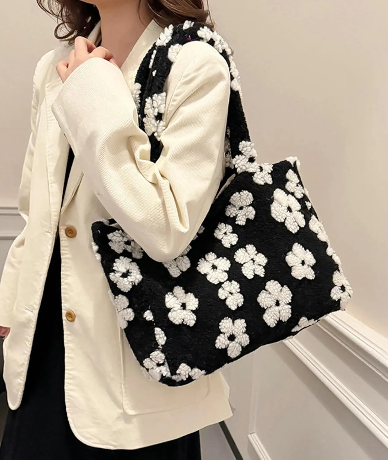 Women Floral Tote Bag 2024 Fall Winter Handbag Cozy Faux Fur Shoulder Bag