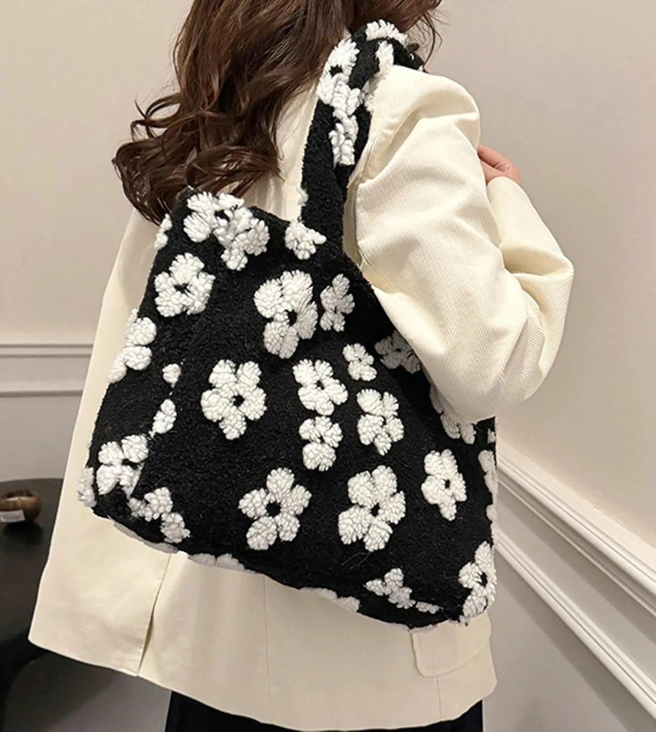 Women Floral Tote Bag 2024 Fall Winter Handbag Cozy Faux Fur Shoulder Bag