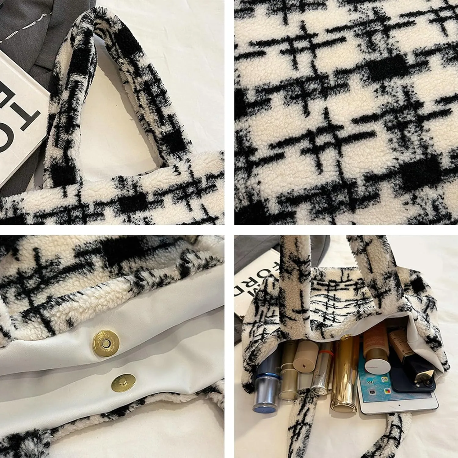 Women Floral Tote Bag 2024 Fall Winter Handbag Cozy Faux Fur Shoulder Bag