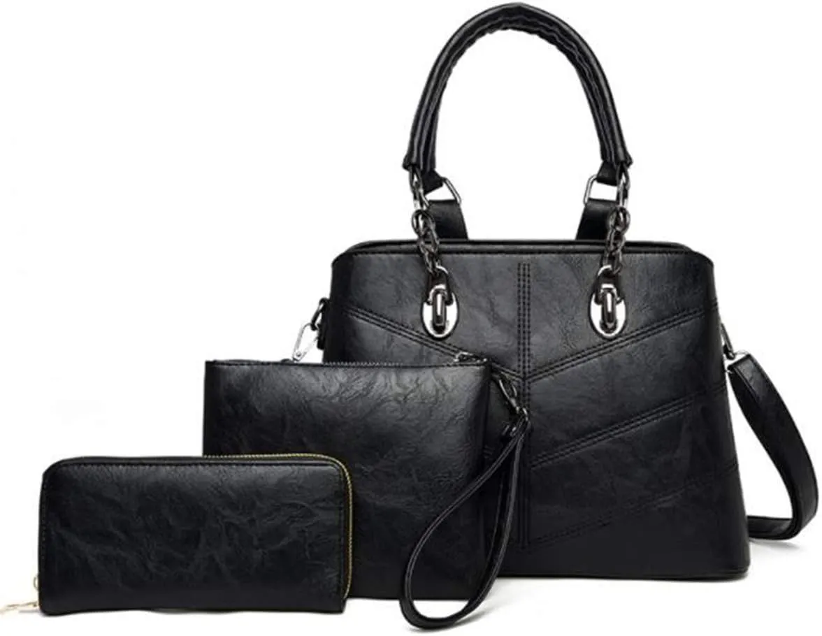Women Ladies Handbags Set 3 Pcs Patent PU Tote Satchels Shoulder Bag Clutch Purse Wallet