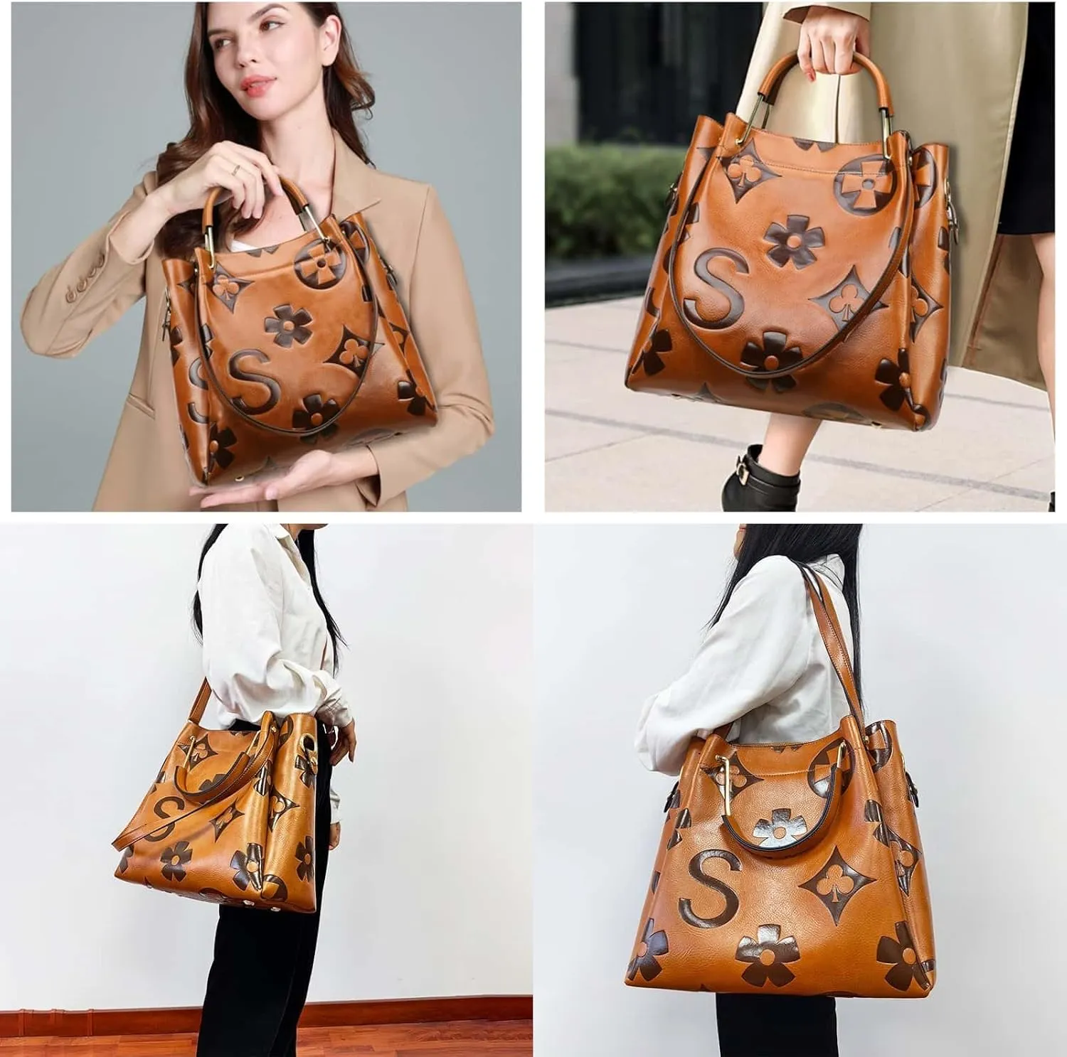 Women Large Tote Bag with Pouch Set of 2 Trendy Retro Floral Embossed Shoulder Handbag Crossbody Bucket Purse Fashion