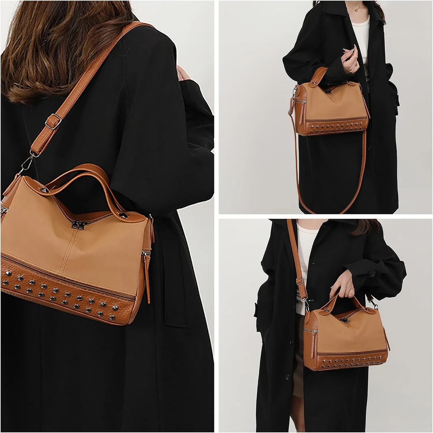 Women Leather Crossbody Bag Handbag with Adjustable Strap Boston Stylish Work Tote Studded Spacious Shoulder Purse