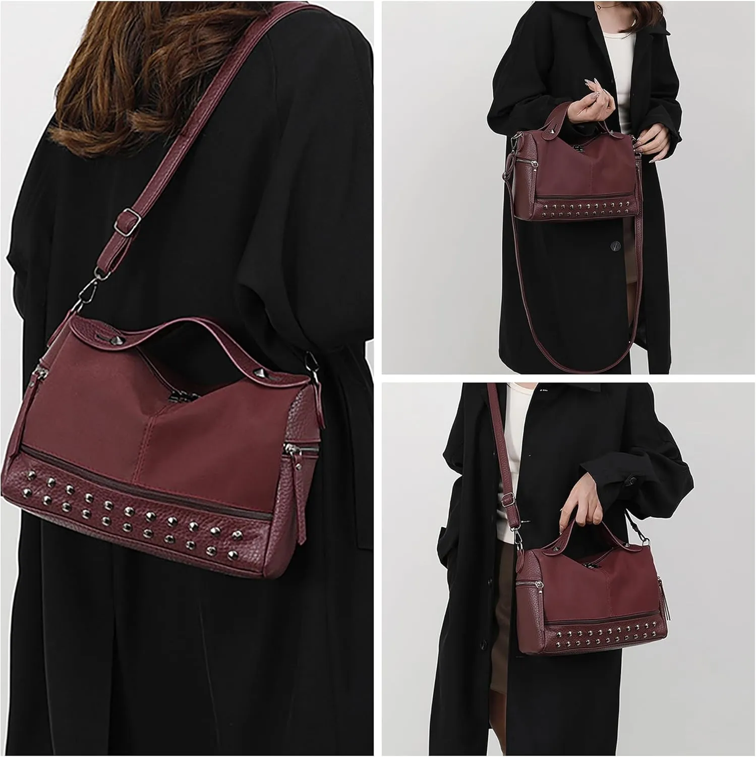 Women Leather Crossbody Bag Handbag with Adjustable Strap Boston Stylish Work Tote Studded Spacious Shoulder Purse