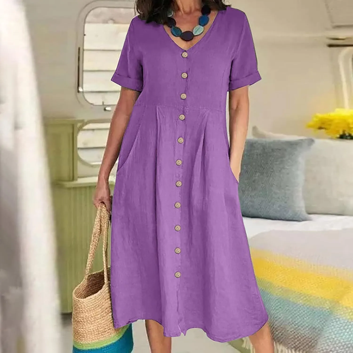 Women Linen Beach Dress Summer Casual Short Sleeve Button Down Long Dress Plus Size Loose Vacation Dress with Pockets