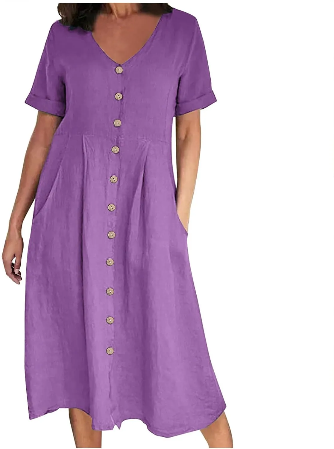 Women Linen Beach Dress Summer Casual Short Sleeve Button Down Long Dress Plus Size Loose Vacation Dress with Pockets