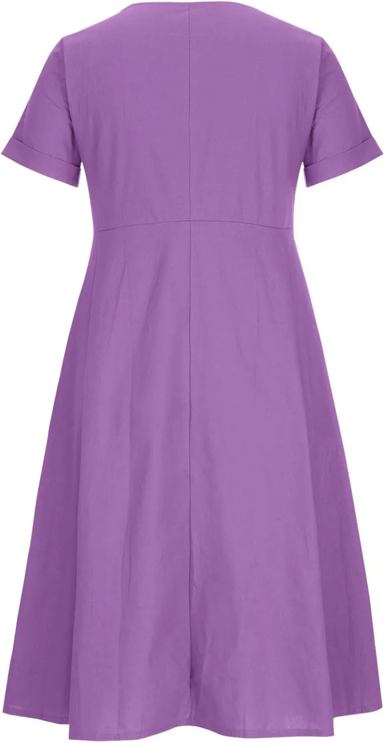 Women Linen Beach Dress Summer Casual Short Sleeve Button Down Long Dress Plus Size Loose Vacation Dress with Pockets