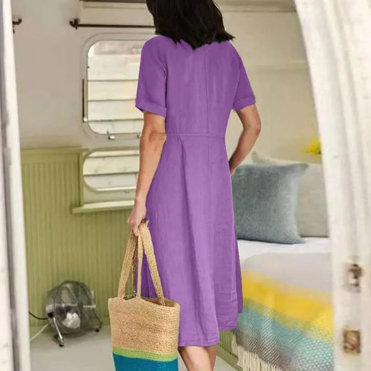 Women Linen Beach Dress Summer Casual Short Sleeve Button Down Long Dress Plus Size Loose Vacation Dress with Pockets
