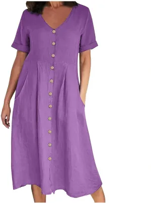 Women Linen Beach Dress Summer Casual Short Sleeve Button Down Long Dress Plus Size Loose Vacation Dress with Pockets