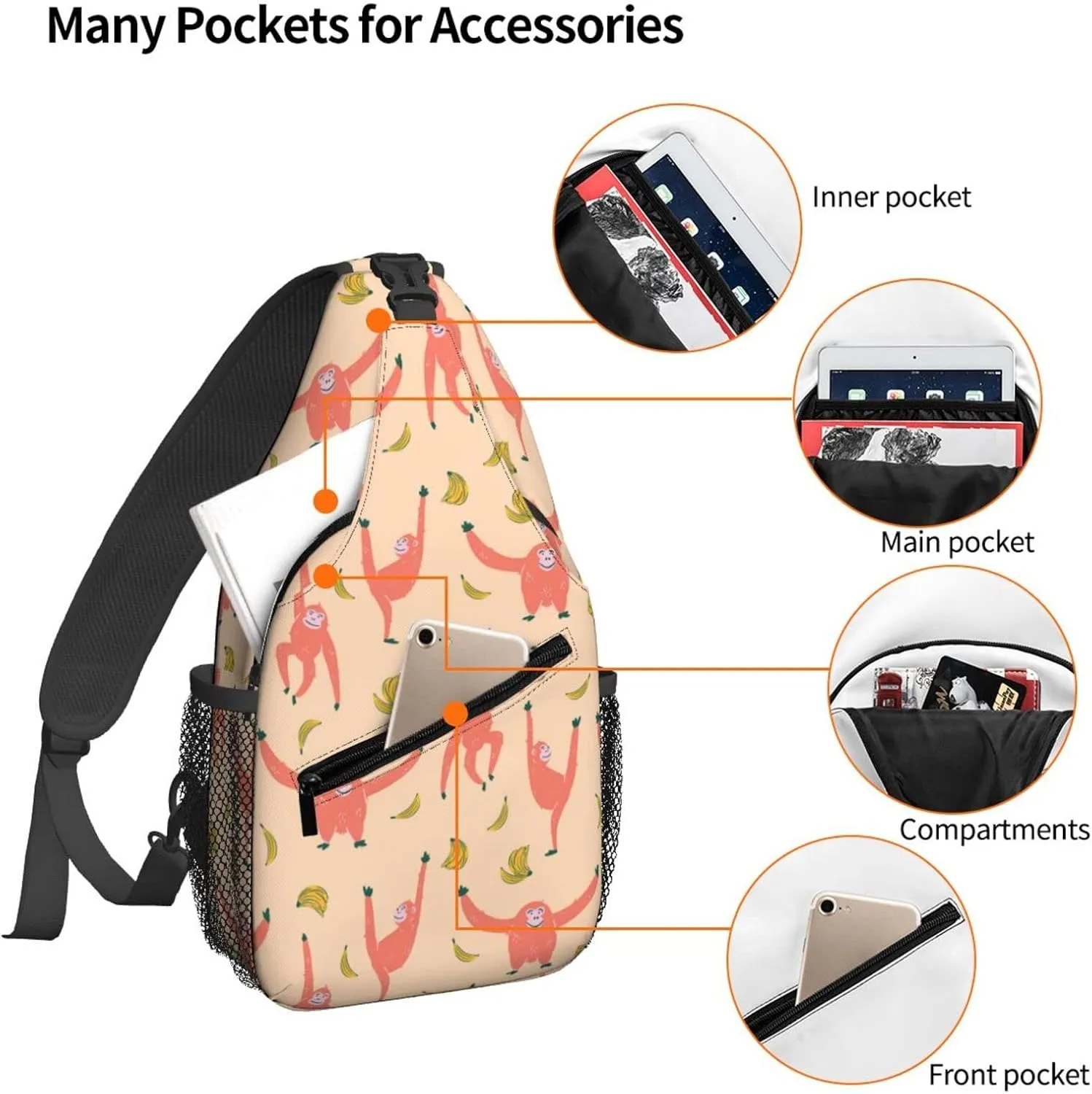Women Orangutan Monkey Bananas Crossbody Sling Backpack for Men Chest Bag Shoulder Bag Lightweight One Strap Backpack Travel Outdoor Daypack