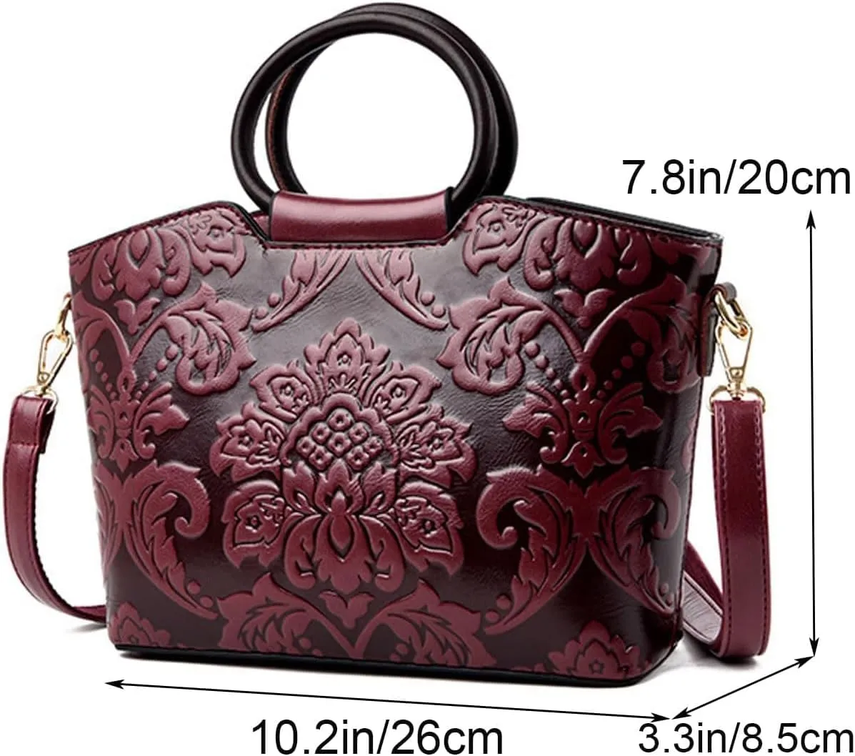 Women Purse and Handbag Floral Print Embossed Top Handle Satchel PU Leather Shoulder Bag Vintage Work Crossbody Tote