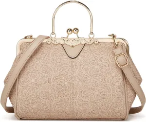 Women Retro Embossing Leather Handbag Multiple Collocations Tote Bag Kiss Lock Messenger Bag Hardware Handle Purse