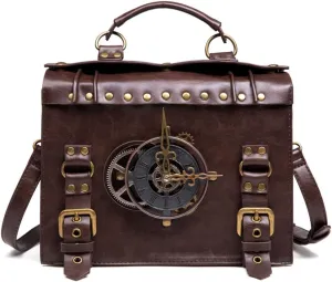 Women Retro Steampunk Messenger Bag Leather Handbag Men Gothic Clock Shape Shoulder Bag Zippered Handheld Satchel, One Color, One Size