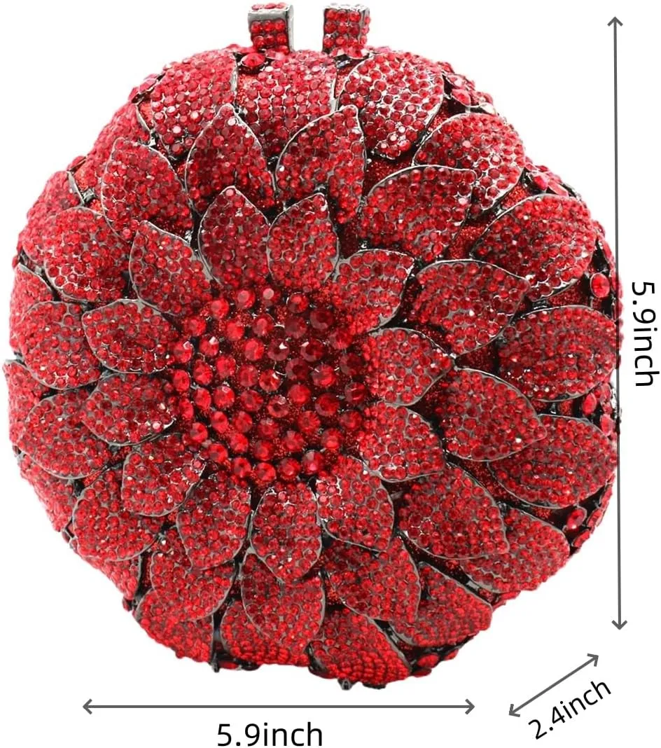 Women Rhinestone Flower Handbag Sunflower Pattern Circular Clutch Purse Cute Shiny Floral Shoulder Party Bag