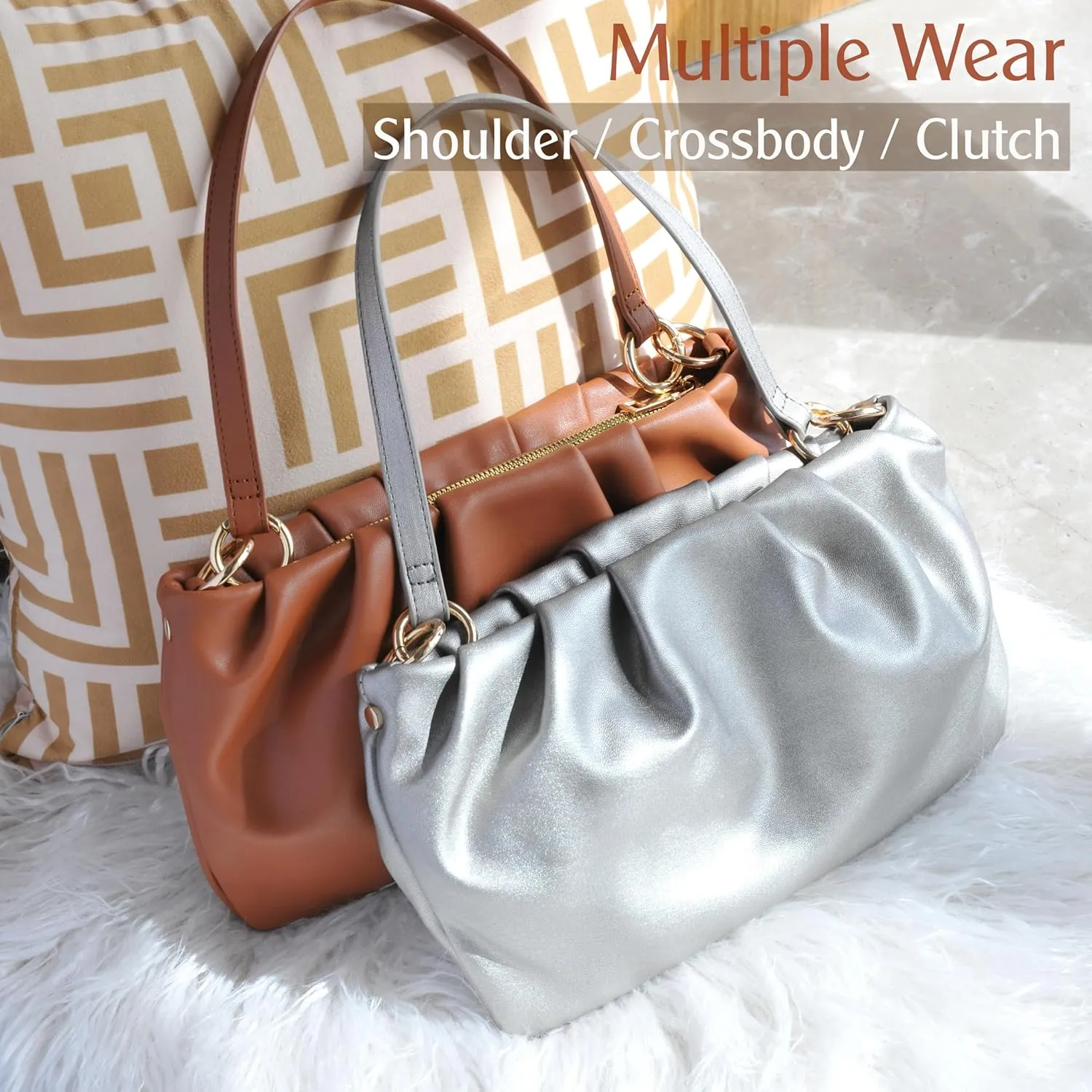 Women Ruched Shoulder Handbag Cloud Pouch Hobo Bag Convertible Clutch Soft Vegan Leather Cross body Bag
