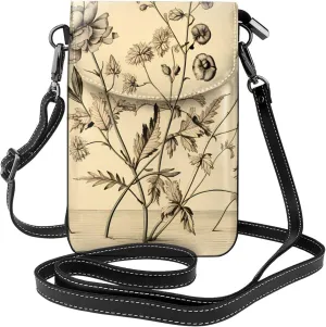 women Small Cell Phone Purse Floral Herbs Botanical Engraving pattern Soft, durable and waterproof PU leather Convenient for daily use and travel
