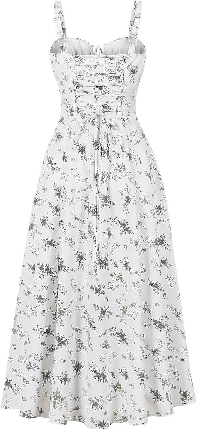 Women Summer Boho Dress Spaghetti Straps Split Sling Dress Women Floral Corset Dress A-Line Casual Sundress