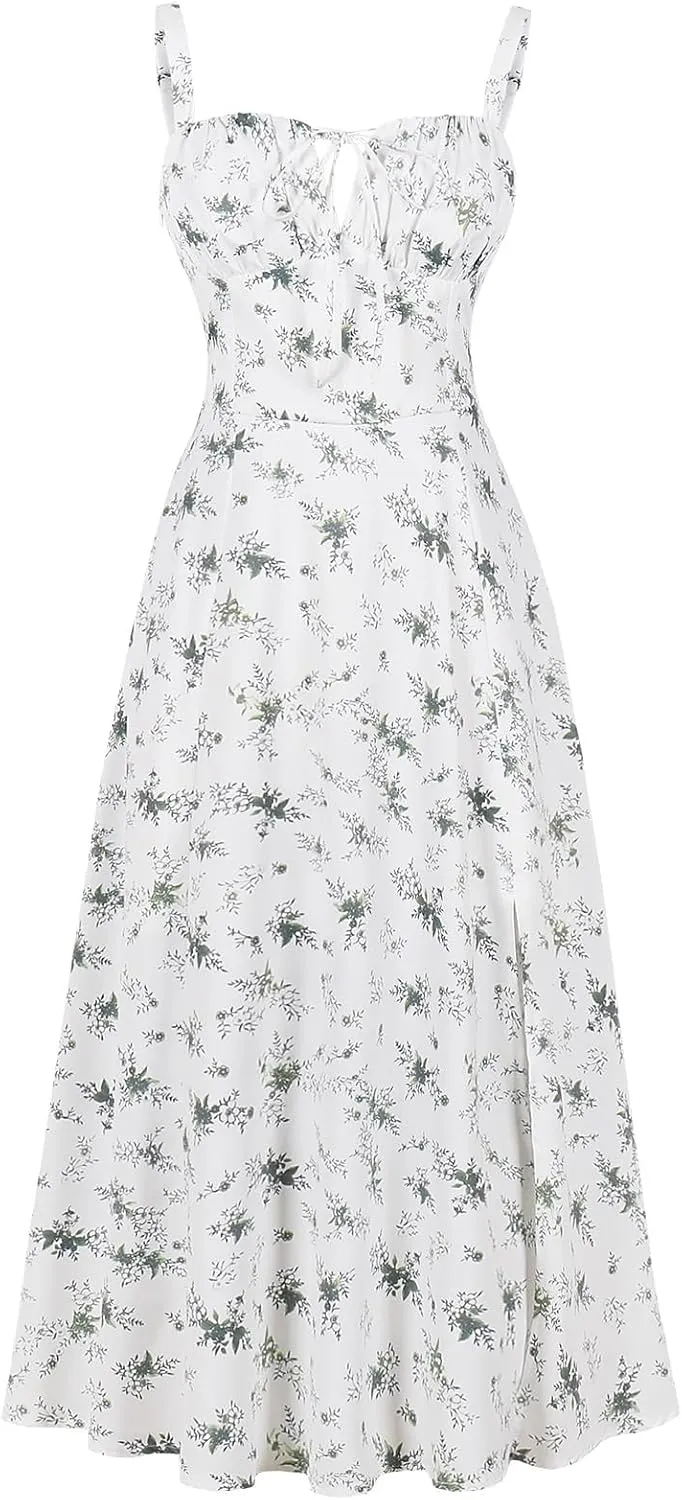 Women Summer Boho Dress Spaghetti Straps Split Sling Dress Women Floral Corset Dress A-Line Casual Sundress