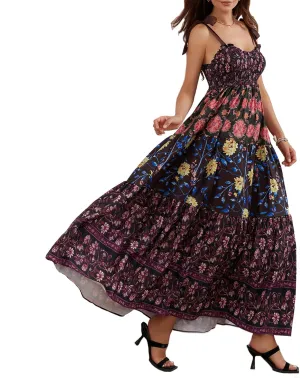 Women Summer Flowy Smocked Maxi Dress Sleeveless Spaghetti Strap Long Floral Dress Y2k Boho Beach Sundress