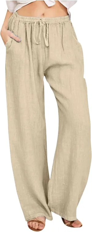 Women Summer High Waist Linen Palazzo Pants Wide Leg Long Button Loose Pant Trousers with Pockets