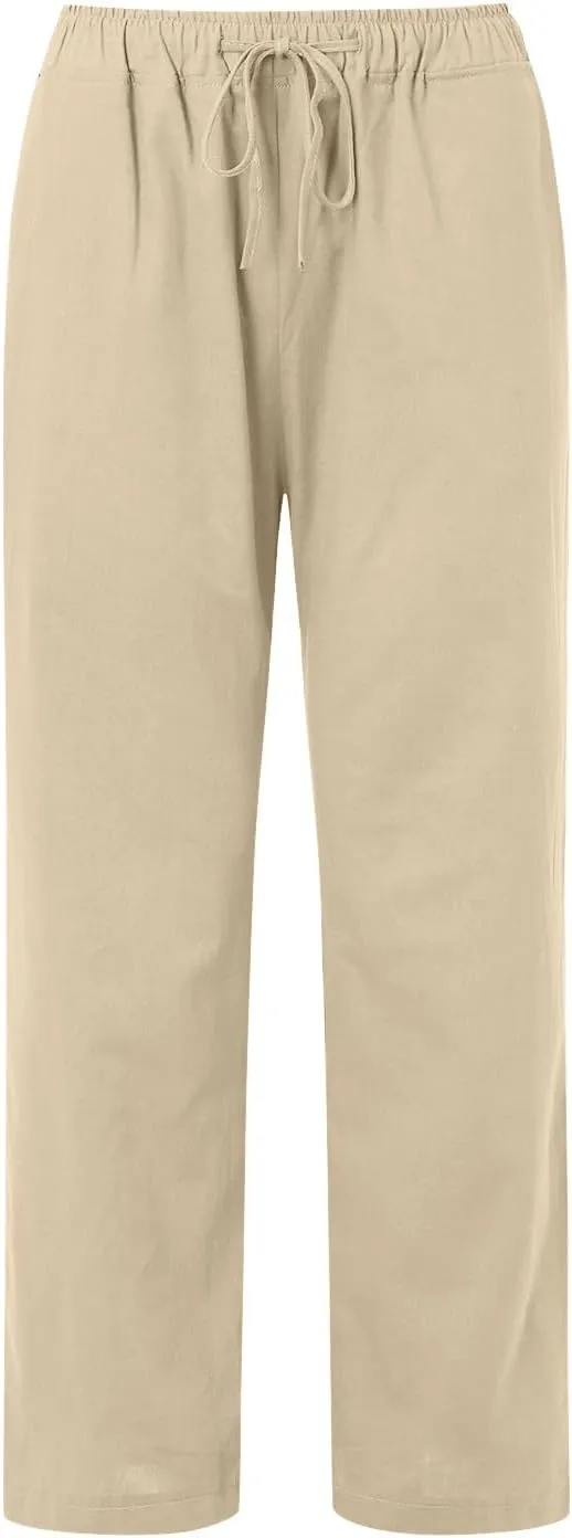 Women Summer High Waist Linen Palazzo Pants Wide Leg Long Button Loose Pant Trousers with Pockets