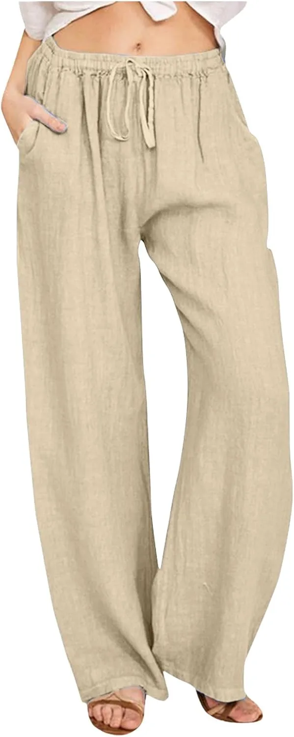 Women Summer High Waist Linen Palazzo Pants Wide Leg Long Button Loose Pant Trousers with Pockets