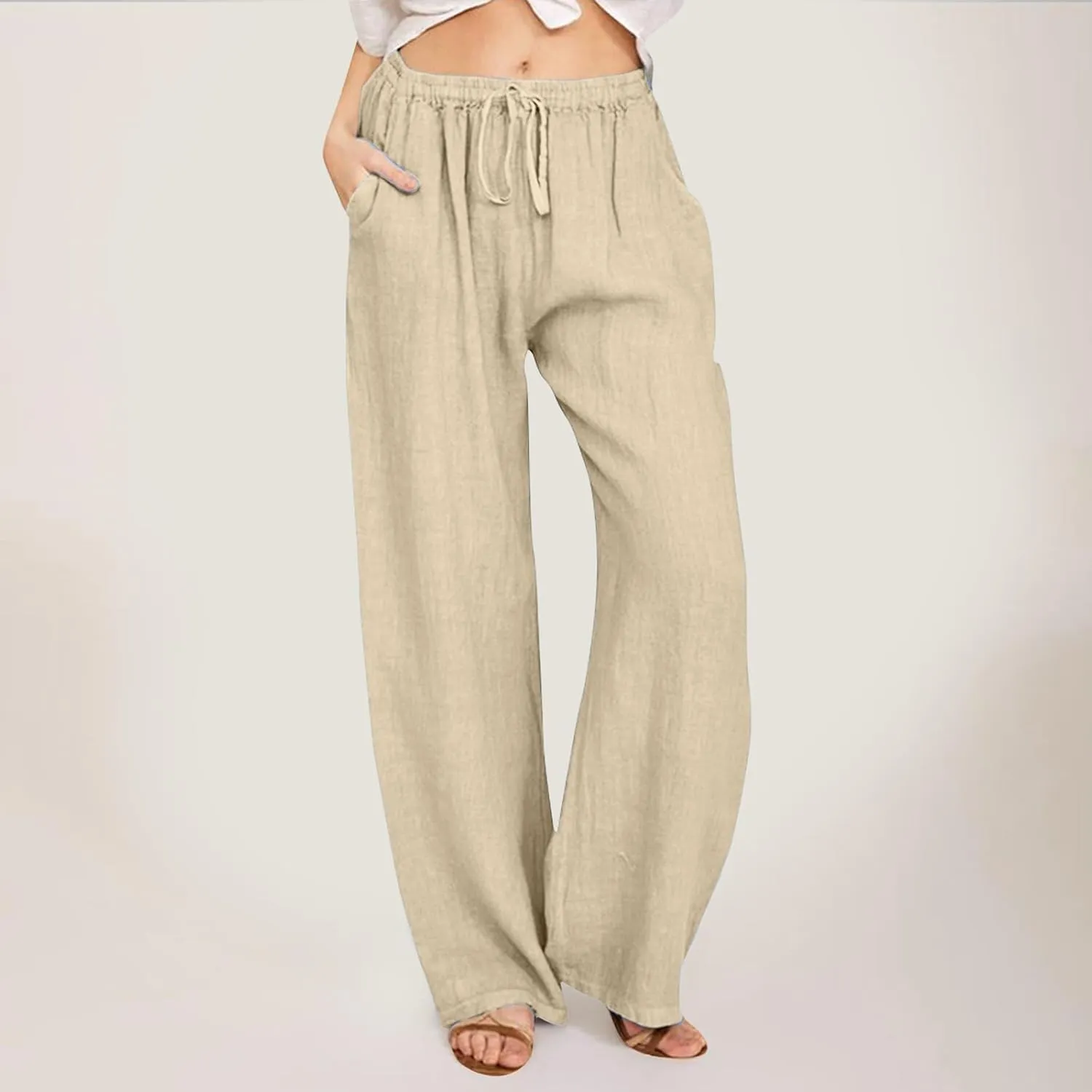 Women Summer High Waist Linen Palazzo Pants Wide Leg Long Button Loose Pant Trousers with Pockets