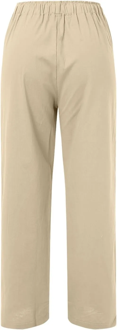 Women Summer High Waist Linen Palazzo Pants Wide Leg Long Button Loose Pant Trousers with Pockets
