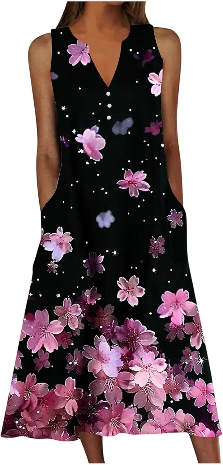 Women Sundresses Plus Size Floral High Waist Sleeveless Flowy A Line Midi Dresses Loose Boho Dress with Pockets
