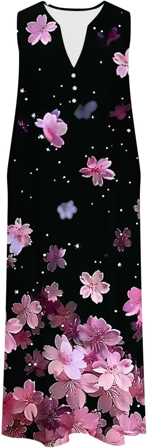 Women Sundresses Plus Size Floral High Waist Sleeveless Flowy A Line Midi Dresses Loose Boho Dress with Pockets