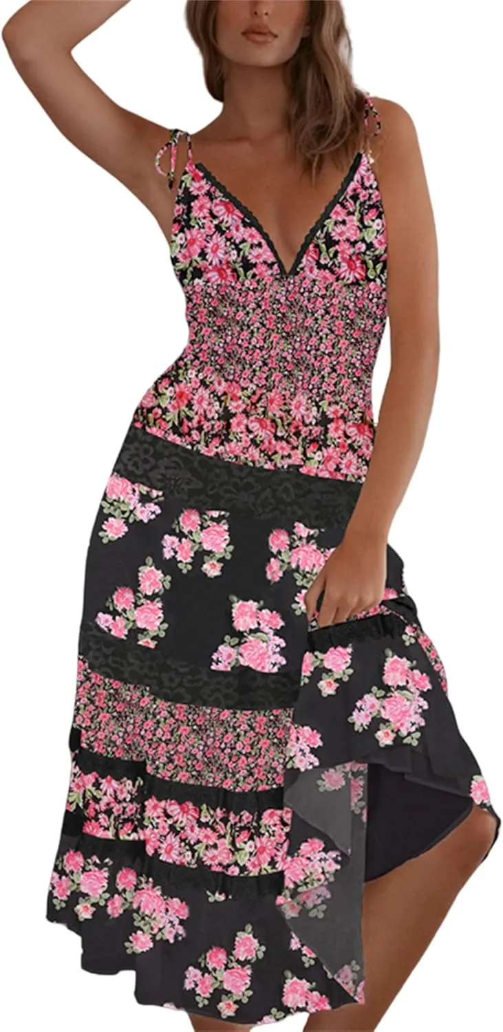 Women Tie Shoulder Boho Floral Maxi Dress Y2k Smocked Flowy Lace Sundress Spaghetti Strap Summer Long Beach Dress