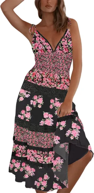 Women Tie Shoulder Boho Floral Maxi Dress Y2k Smocked Flowy Lace Sundress Spaghetti Strap Summer Long Beach Dress