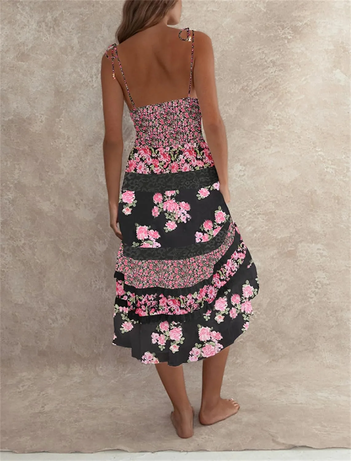 Women Tie Shoulder Boho Floral Maxi Dress Y2k Smocked Flowy Lace Sundress Spaghetti Strap Summer Long Beach Dress