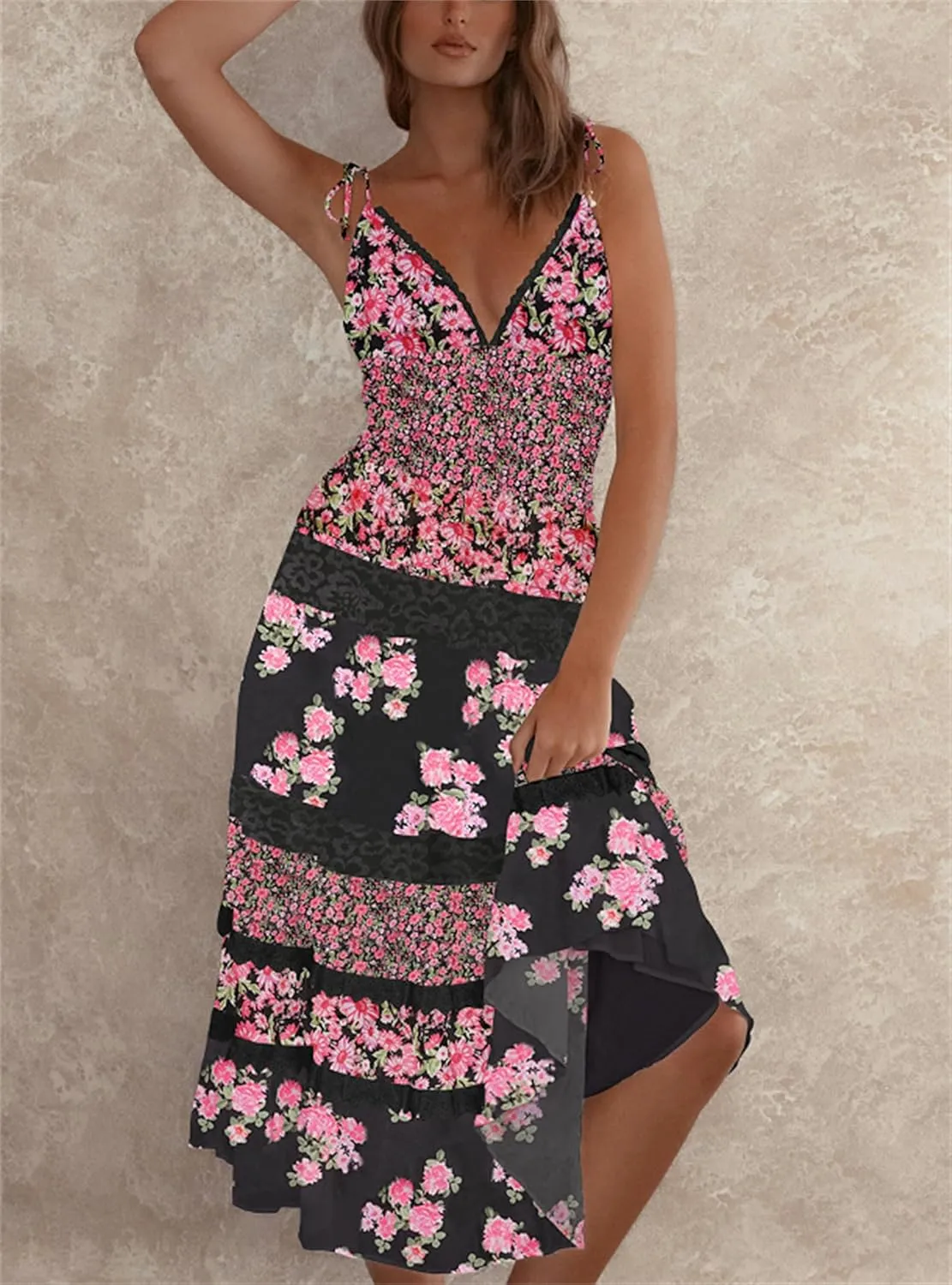 Women Tie Shoulder Boho Floral Maxi Dress Y2k Smocked Flowy Lace Sundress Spaghetti Strap Summer Long Beach Dress