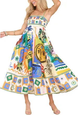 Women Tie Shoulder Graphic Boho Maxi Dresses Sleeveless Flowy A Line Dress Summer Vocation Graffiti Vacation Sundress
