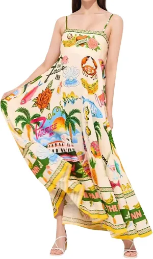 Women Tie Shoulder Graphic Boho Maxi Dresses Sleeveless Flowy A Line Dress Summer Vocation Graffiti Vacation Sundress