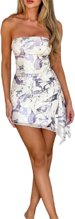 Women Tube Mini Dress Floral Skinny Strapless Short Sundress Y2k Off The Shoulder Sleevless Beach Clubwear