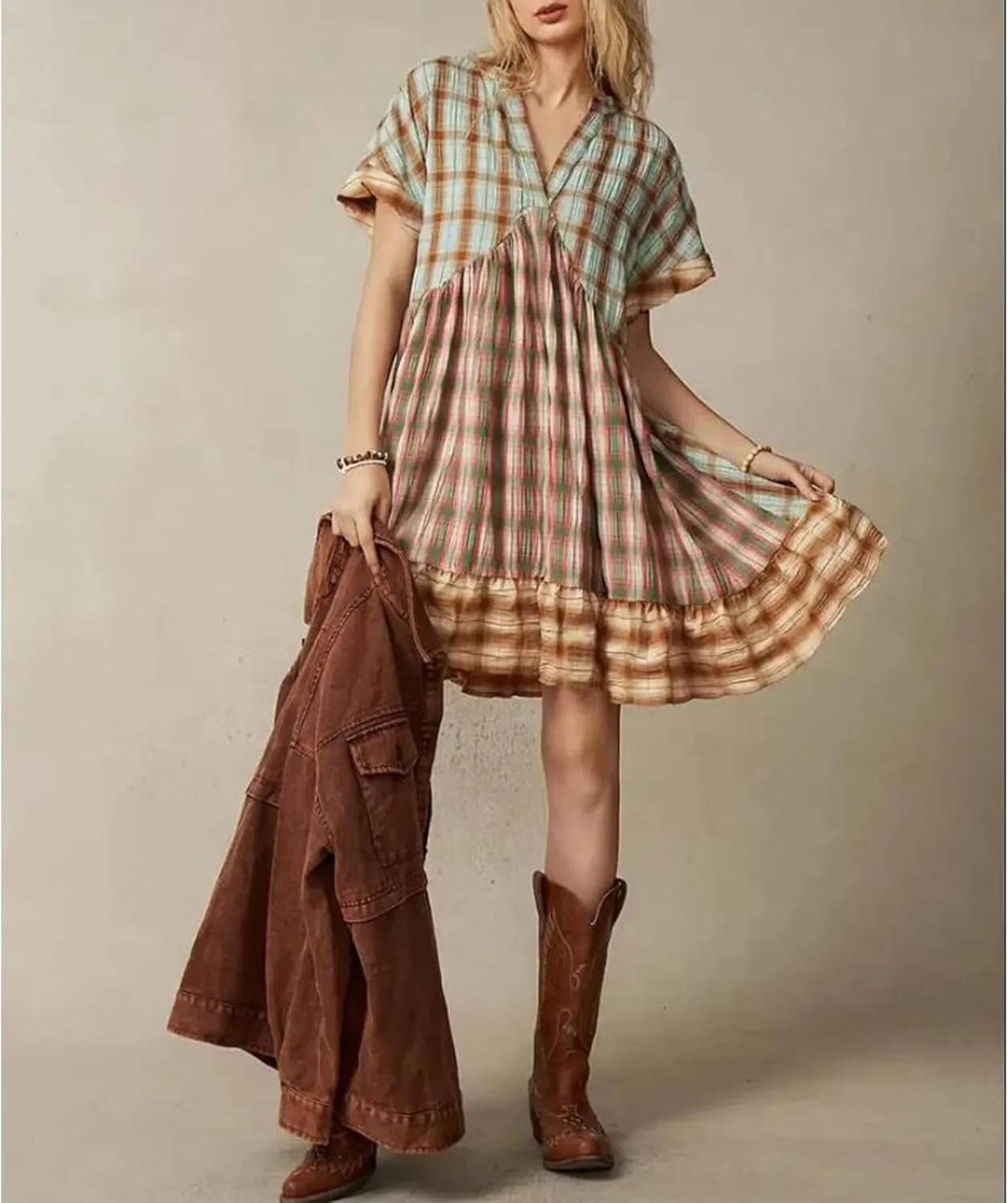 Women Y2k Babydoll Mini Dress Boho Floral Tie up Button Sleeveless Short Dress Ruffle Flowy Sundress Beachwear Dress