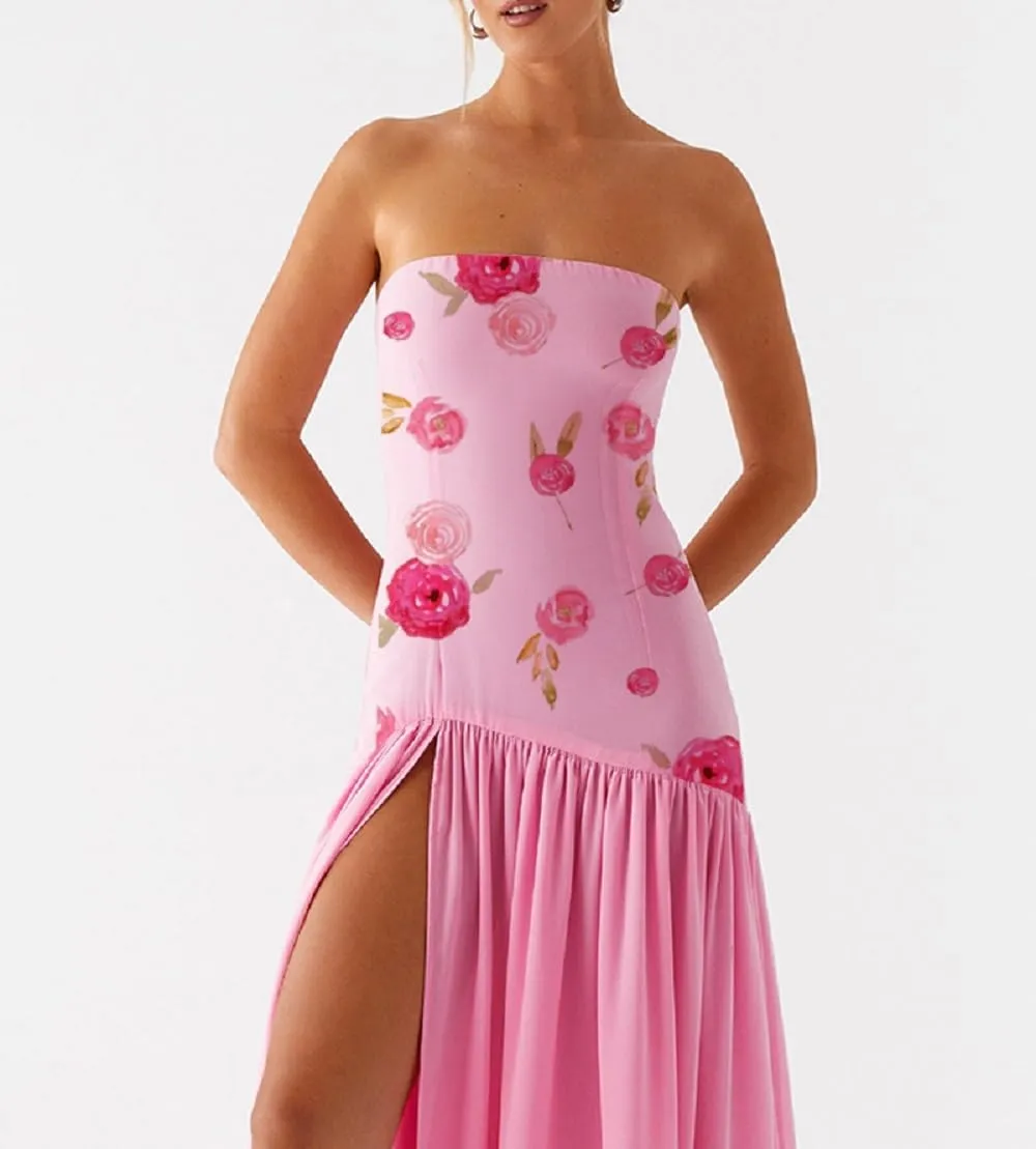 Women Y2K Floral Long Tube Dress Strapless Sheer Mesh Slit Dress Off Shoulder Ruffle Flowy Beach Dresses