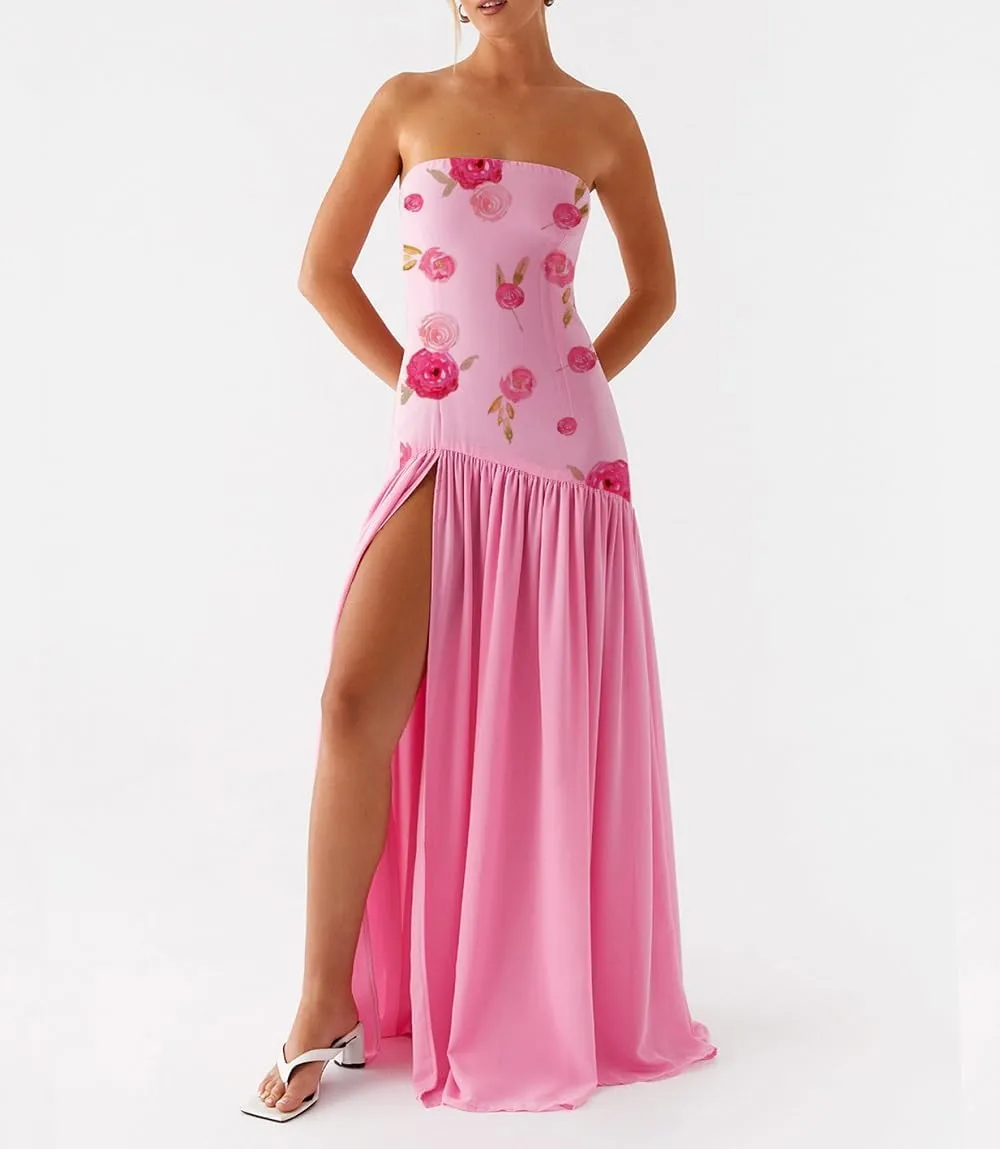Women Y2K Floral Long Tube Dress Strapless Sheer Mesh Slit Dress Off Shoulder Ruffle Flowy Beach Dresses