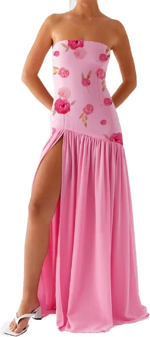 Women Y2K Floral Long Tube Dress Strapless Sheer Mesh Slit Dress Off Shoulder Ruffle Flowy Beach Dresses