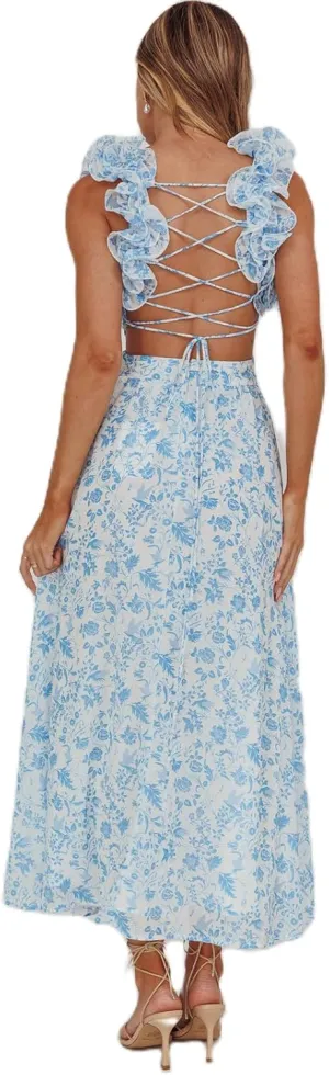 Women Y2k Lace Up Back Floral Maxi Dress Cute Ruffle Trim Backless Tie Beach Formal Long Flowy Dresses