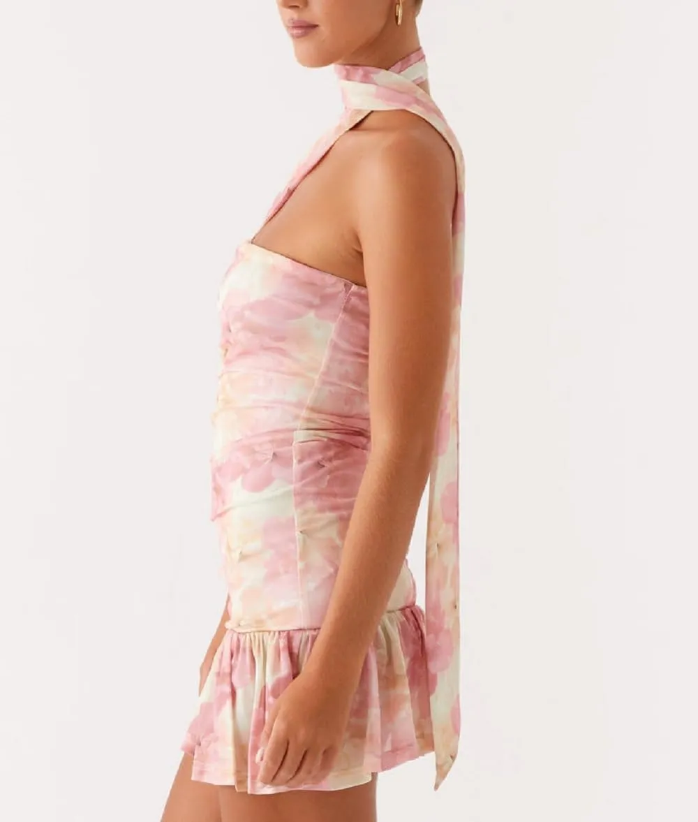 Women Y2k Strapless Mini Tube Dress Floral Ruffle Short Bandeau Dress Off Shoulder Bodycon Going Out Dresses